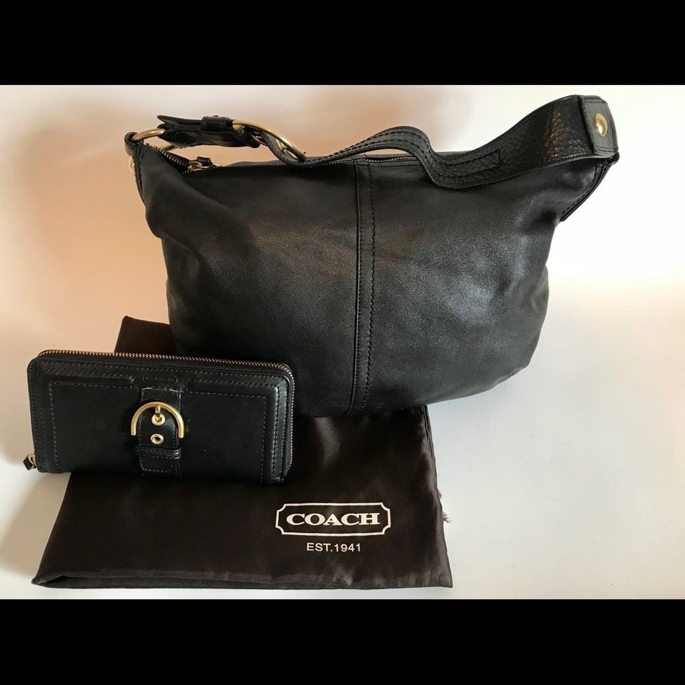 COACH black leather buckle hobo bag and wallet